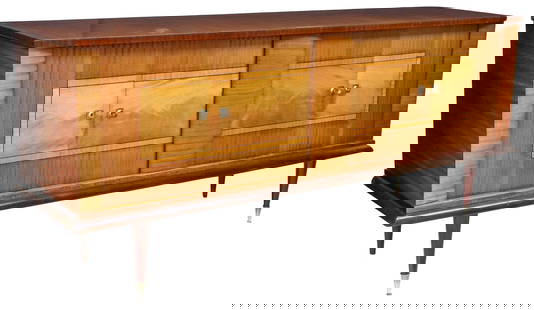FRENCH MID-CENTURY MODERN LACQUERED & INLAID MAHOGANY SIDEBOARD: French mid-century modern mahogany sideboard, c.1960s, rectangular case with central inlaid contrasting panel and ebonized stringwork, fitted with four cabinet doors, each opening to adjustable height