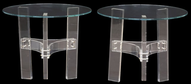 (2) CONTEMPORARY COLORLESS GLASS & ACRYLIC ROUND SIDE TABLES