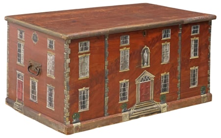 ENGLISH PAINT-DECORATED HOUSE FACADE PINE STORAGE CHEST