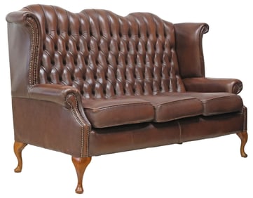 ENGLISH QUEEN ANNE STYLE TUFTED BROWN LEATHER SOFA