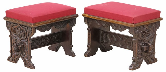 (2) VICTORIAN GOTHIC REVIVAL HIGHLY CARVED OAK STOOLS