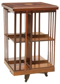 ENGLISH MAHOGANY & MARQUETRY ROTATING LIBRARY BOOKSTAND
