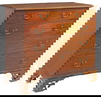 ENGLISH GEORGE III MAHOGANY CHEST OF DRAWERS: English George III mahogany chest of drawers, late 18th c., two short drawers and three graduated long drawers, on pierced bracket feet, partial paper label from Wm. &amp; ... Stonegate... with ink st