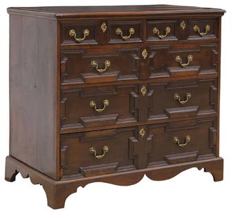 ENGLISH WILLIAM & MARY STYLE OAK CHEST OF DRAWERS: English William and Mary style oak chest of drawers, 18th c., two short drawers and three graduated long drawers, all with geometric paneling, on bracket feet, approx 41.75&quot;h, 46.75&quot;w, 25.5&