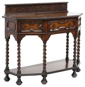 ENGLISH JACOBEAN STYLE CARVED OAK BARLEY TWIST HALL TABLE