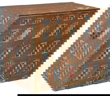 ENGLISH PAINT-DECORATED HOUSE FACADE BLANKET CHEST: English pine blanket&nbsp;chest/ storage trunk,&nbsp;early 20th c., later decorated exterior painted as a Georgian style house facade, hinged top, open interior, side carrying handles, approx 25.25&qu