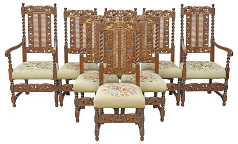 (8) ENGLISH CAROLEAN STYLE OAK BARLEY TWIST & NEEDLEPOINT DINING CHAIRS