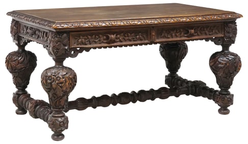 ENGLISH VICTORIAN HIGHLY CARVED OAK LIBRARY TABLE