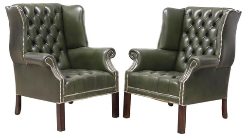 (2) ENGLISH GAINSBOROUGH STYLE TUFTED GREEN LEATHER CLUB CHAIRS