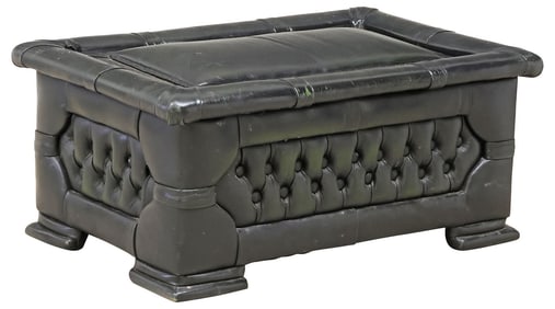 ENGLISH CHESTERFIELD STYLE TUFTED GREEN LEATHER STORAGE OTTOMAN