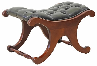 ENGLISH BUTTONED GREEN LEATHER SLIPPER STOOL