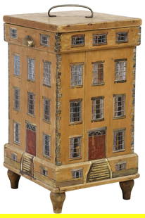 ENGLISH PAINT-DECORATED HOUSE FACADE GRAIN BIN: English pine grain bin/ storage chest,&nbsp;late 19th c., later decorated&nbsp;exterior painted as a Georgian style house facade, lift-top cover, open interior, on turned feet, approx 34.25&quot;h, 18