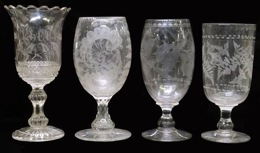 (4) ENGLISH VICTORIAN ENGRAVED GLASS CELERY VASES: (lot of 4) English Victorian engraved colorless glass&nbsp;celery vases, late 19th c., including: (1) engraved with ferns, (1) engraved with flowers, (1) engraved with ferns and c-scrolls, (1) molded