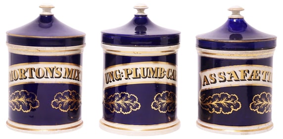 (3) ENGLISH CERAMIC COBALT BLUE PHARMACIST/ APOTHECARY LIDDED JARS