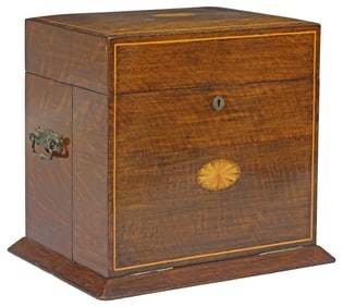 ENGLISH EDWARDIAN OAK MARQUETRY TANTALUS & GAMES COMPENDIUM