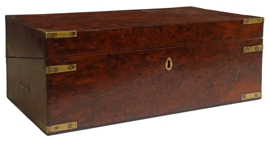 ENGLISH BRASS-MOUNTED YEW BURLWOOD CAMPAIGN DESK