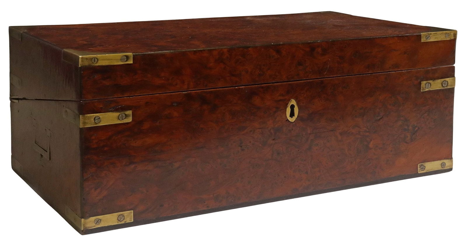 ENGLISH BRASS-MOUNTED YEW BURLWOOD CAMPAIGN DESK (1 of 7)