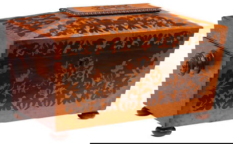 REGENCY MAHOGANY & MARQUETRY SARCOPHAGUS-FORM TEA CADDY