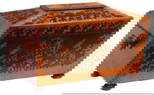 REGENCY MAHOGANY & MARQUETRY SARCOPHAGUS-FORM TEA CADDY: English Regency tea caddy, early 19th c., of sarcophagus-form in contrasting mahogany veneers, elaborately inlaid with foliate marquetry, lid with central mother-of-pearl inlaid flower basket, dual tu