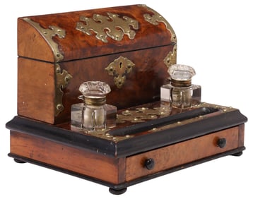 ENGLISH VICTORIAN BRASS-BOUND WALNUT WRITING COMPENDIUM