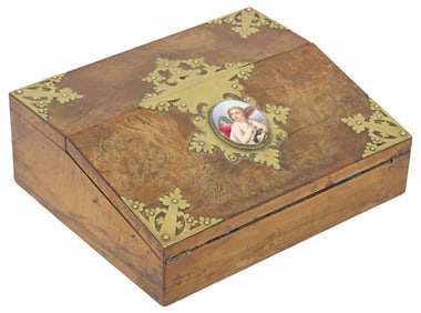 VICTORIAN BRASS & PORCELAIN-MOUNTED WALNUT WRITING SLOPE