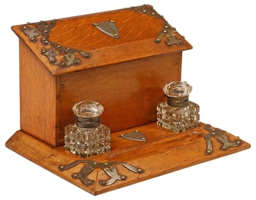 EDWARDIAN BRASS-BOUND OAK DESK STAND & LETTER BOX