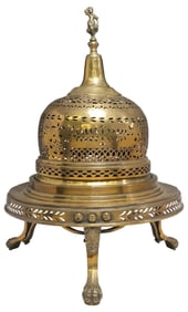 LARGE PIERCED BRASS BRAZIER WITH MAIDEN FINIAL, 25"H
