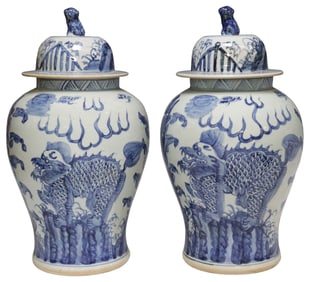 (2) LARGE CHINESE BLUE & WHITE PORCELAIN VASES & COVERS, 20.5"H