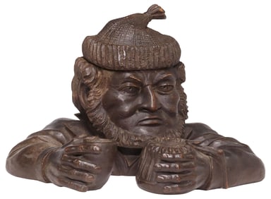 BLACK FOREST STYLE CARVED WALNUT FIGURAL MALE BUST TOBACCO JAR