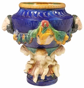 MINTON STYLE MAJOLICA CHERUBS JARDINIERE, 19"H
