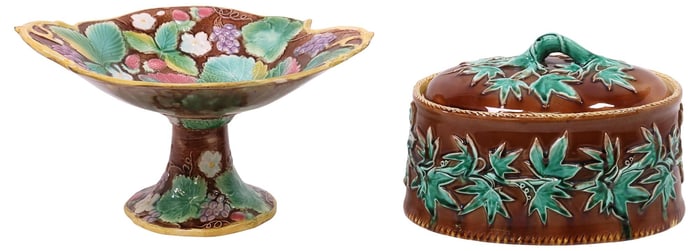 (2) VICTORIAN MAJOLICA GAME-PIE DISH & COMPOTE