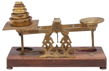 ENGLISH BRASS & BURL WALNUT POSTAL SCALE & WEIGHTS