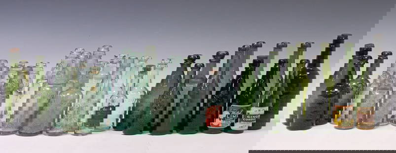 (28) COLLECTION OF GLASS BOTTLES MANY PICTORIAL & CODD NECK: (lot of 28) Collection of green and colorless glass beverage bottles, some codd-neck bottles, makers include: William Hindson Eagle Works, Appleby;&nbsp;R. Emmerson Junior;&nbsp;The Leeds Bottling Com