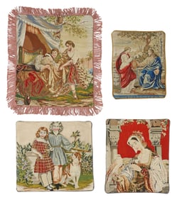 (4) VICTORIAN NEEDLEWORK PICTURES AS THROW PILLOW COVERS