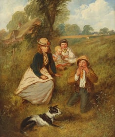 ALFRED H. GREEN VICTORIAN PAINTING CHILDREN BY COTTAGE GATE