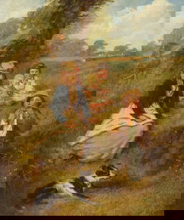 ALFRED H. GREEN VICTORIAN PAINTING CHILDREN BY COTTAGE GATE: Framed oil on canvas painting, Children and a dog by a cottage gate, the older boy playing a mouth harp, signed lower left A.H. Green (Alfred H. Green, British, fl.1844-1862), sight: approx 29&quot;h,