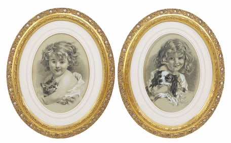(2) ENGLISH SCHOOL CHARCOAL DRAWINGS, CHILD PORTRAITS WITH PETS