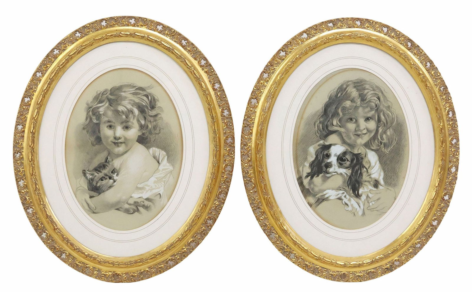 (2) ENGLISH SCHOOL CHARCOAL DRAWINGS, CHILD PORTRAITS WITH PETS (1 of 8)