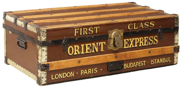 ENGLISH PAINTED 'ORIENT EXPRESS' STEAMER TRAVEL TRUNK: English&nbsp;flat-top steamer trunk, early 20th c., worn red vinyl upholstery with wood slatting, later painted decoration locomotive advertising&nbsp;The Orient Express, &quot;First Class, London, Pa