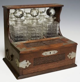 ENGLISH VICTORIAN OAK TANTALUS & GAMES COMPENDIUM