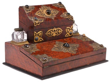 VICTORIAN BRASS-MOUNTED BURLWOOD INKSTAND WITH WRITING SLOPE