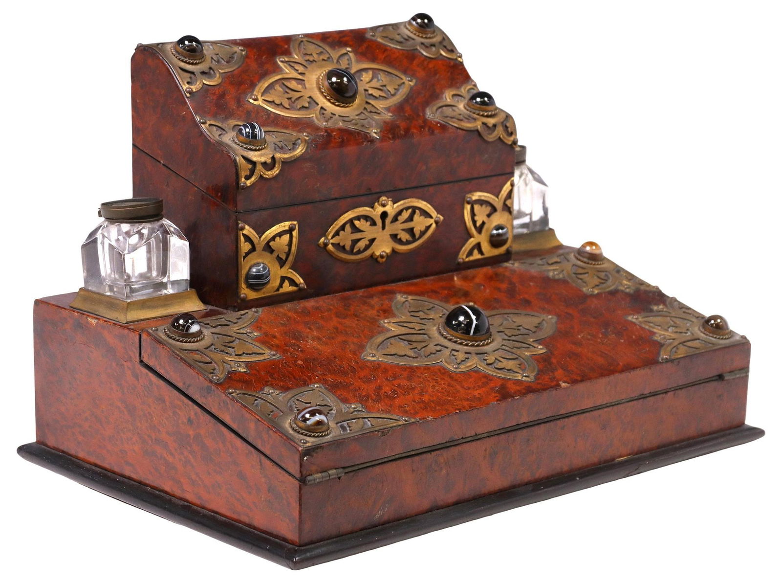 VICTORIAN BRASS-MOUNTED BURLWOOD INKSTAND WITH WRITING SLOPE (1 of 4)