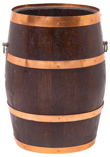 ENGLISH COPPER-BANDED OAK BARREL: English coopered oak barrel, early 20th c., with copper banding and dual ring handles, approx 19"h, 12"w, 8.75"d, 11lbs