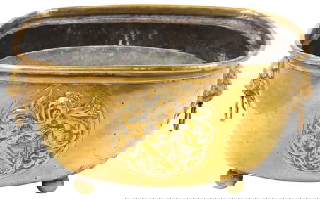 ENGLISH BRASS REPOUSSE ARMORIAL & TAVERN SCENE JARDINIERE/ PLANTER