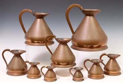 (9) ENGLISH VICTORIAN COPPER GRADUATED MEASURING JUGS