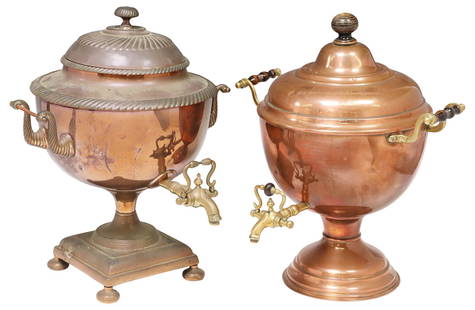 (2) ENGLISH VICTORIAN COPPER & BRASS SAMOVARS / WATER URNS: (lot of 2) English&nbsp;copper and brass samovar/ hot water urns, late 19th c., each having dual scrolled handles, flanking tapered basin, including: (1) with turned wood handle, approx 16&quot;h, 14&