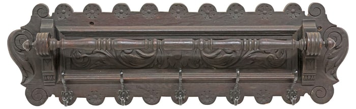 RENAISSANCE REVIVAL CARVED OAK WALL-MOUNTED HAT RACK