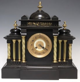 FRENCH NEOCLASSICAL GILT METAL & SLATE MANTEL CLOCK