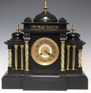 FRENCH NEOCLASSICAL GILT METAL & SLATE MANTEL CLOCK: French Neoclassical slate and gilt metal mantel clock, late 19th c., having architectural stepped case surmounted by turned-form finials, with spiral-twisted and fluted columnar supports, centering gi