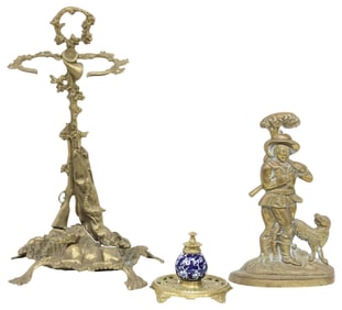 (3) ENGLISH BRASS INKWELL, DOOR PORTER & UMBRELLA STAND